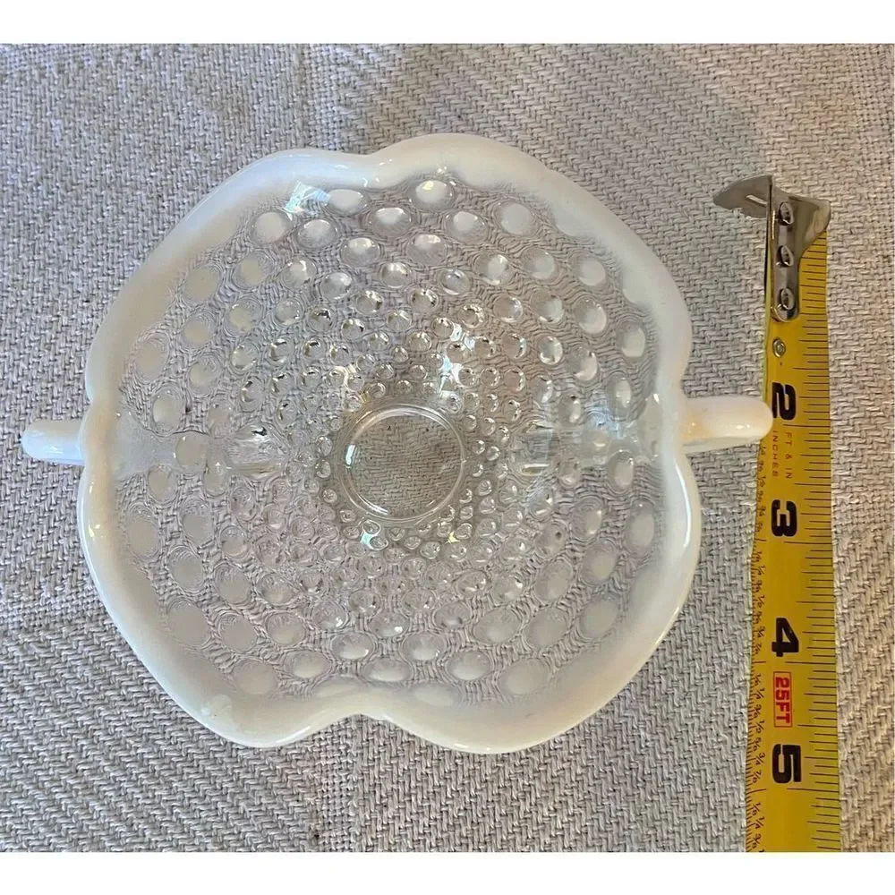 Vintage FENTON Art Glass Handles French Moonstone Opalescent Hobnail CANDY DISH